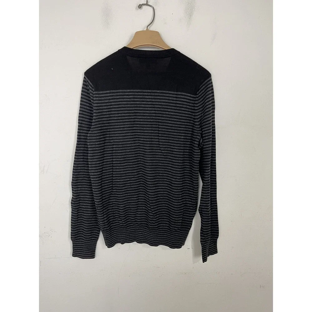 Banana Republic Men's M‎ Black Gray Striped V-Neck Merino Wool Blend Sweater